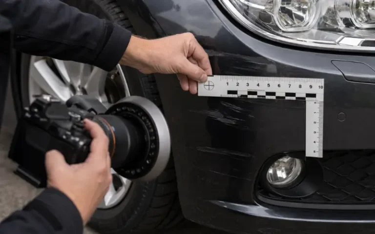 GD Ingenieurbüro dokumentiert Kratzspuren an einem Fahrzeug für die Beweissicherung in Stuttgart
