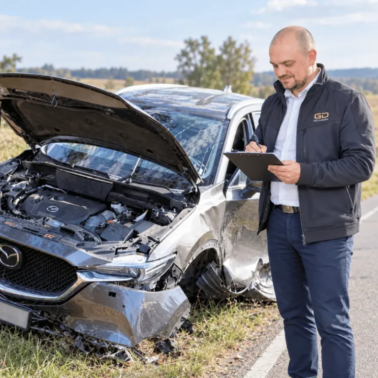 GD KFZ-Gutachter dokumentiert einen schweren Unfallschaden an einem Fahrzeug in Wangen im Allgäu