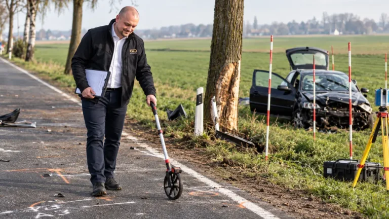 GD KFZ-Gutachter untersucht Unfallspuren für eine Unfallrekonstruktion in Wangen im Allgäu